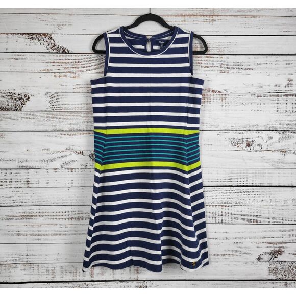 Hatley Dresses & Skirts - Hatley Midi Dress L Womens Blue Multicolor Striped Sleeveless Key Hole Back
